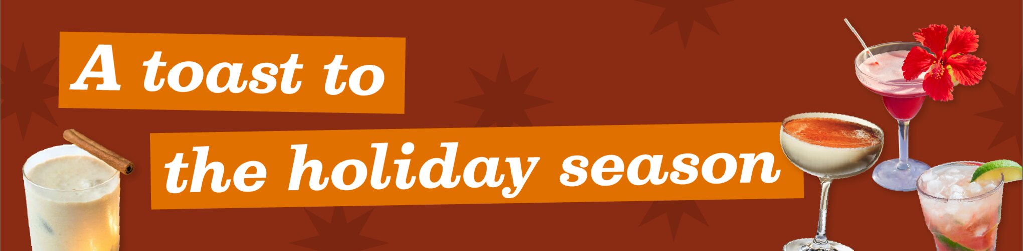 Cutout images of haitian cremas, grapefruit margarita, spicy margarita, and brandy alexander with blog title "A toast to the holiday season"