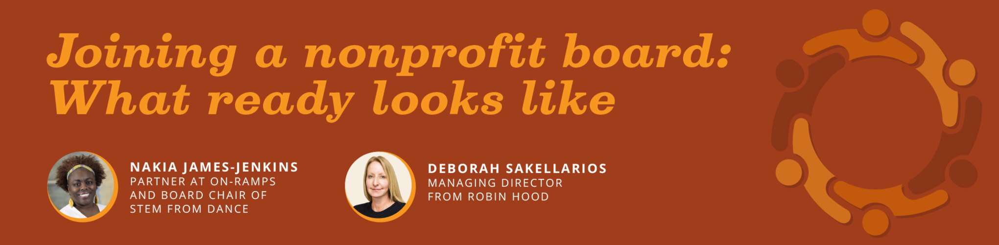Blog title “Joining a nonprofit board: What ready looks like” in bold italic text. On the right, a line-art illustration of interconnected people arranged in a circle.