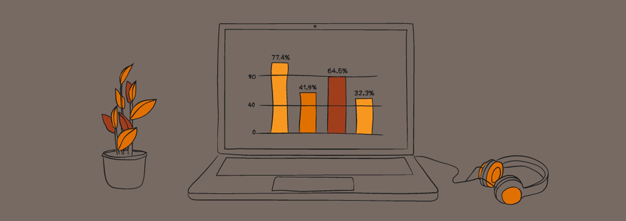 Sketch of an analytics report on a work from home laptop screen. 